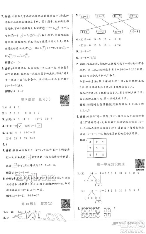 江西教育出版社2022阳光同学课时优化作业一年级数学下册SJ苏教版答案