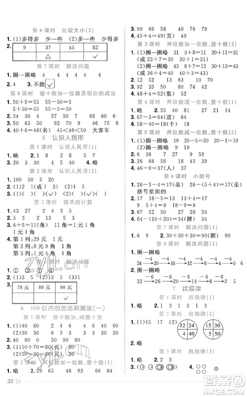江西教育出版社2022阳光同学课时优化作业一年级数学下册RJ人教版菏泽专版答案