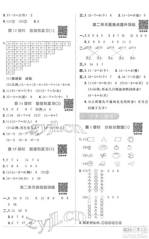 福建少年儿童出版社2022阳光同学课时优化作业一年级数学下册RJ人教版福建专版答案