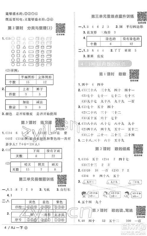 福建少年儿童出版社2022阳光同学课时优化作业一年级数学下册RJ人教版福建专版答案