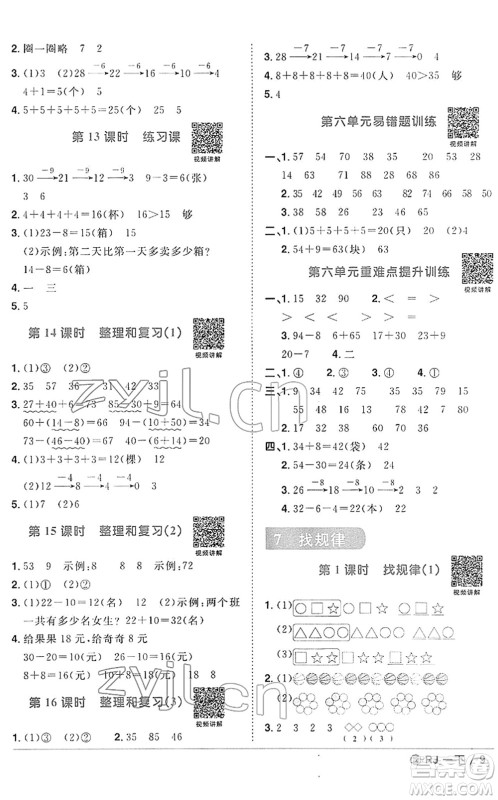 福建少年儿童出版社2022阳光同学课时优化作业一年级数学下册RJ人教版福建专版答案