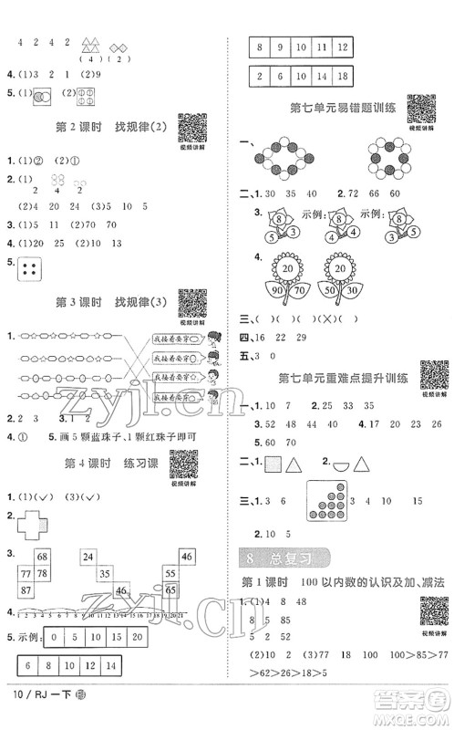 福建少年儿童出版社2022阳光同学课时优化作业一年级数学下册RJ人教版福建专版答案