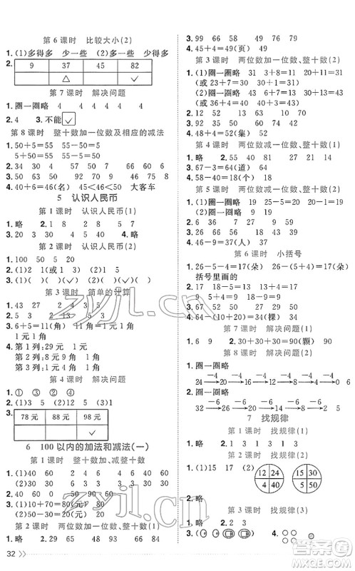 福建少年儿童出版社2022阳光同学课时优化作业一年级数学下册RJ人教版福建专版答案