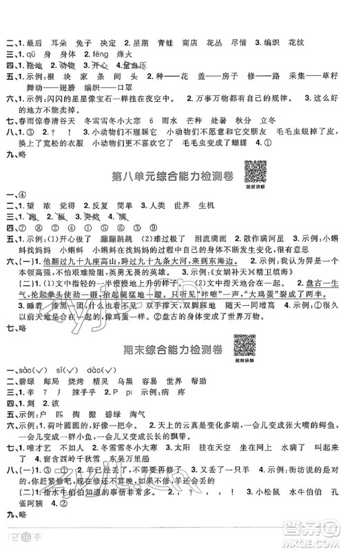 江西教育出版社2022阳光同学课时优化作业二年级语文下册RJ人教版答案