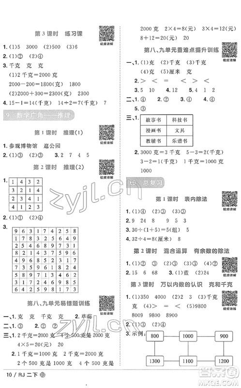 福建少年儿童出版社2022阳光同学课时优化作业二年级数学下册RJ人教版福建专版答案