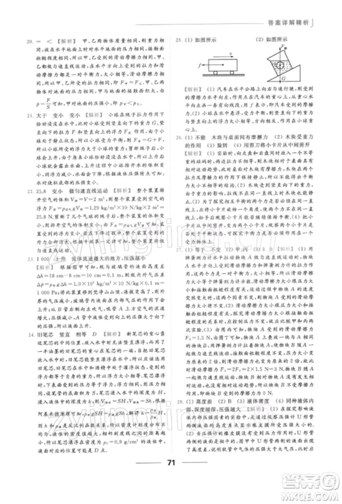 云南美术出版社2022亮点给力提优课时作业本八年级物理下册苏科版参考答案