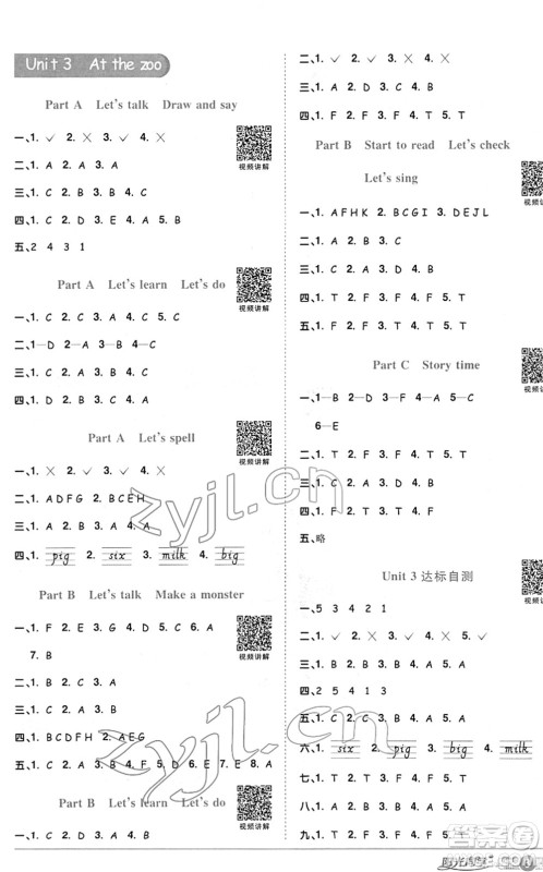 江西教育出版社2022阳光同学课时优化作业三年级英语下册PEP版答案