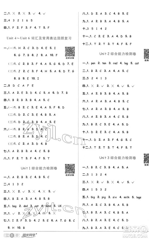 江西教育出版社2022阳光同学课时优化作业三年级英语下册PEP版答案