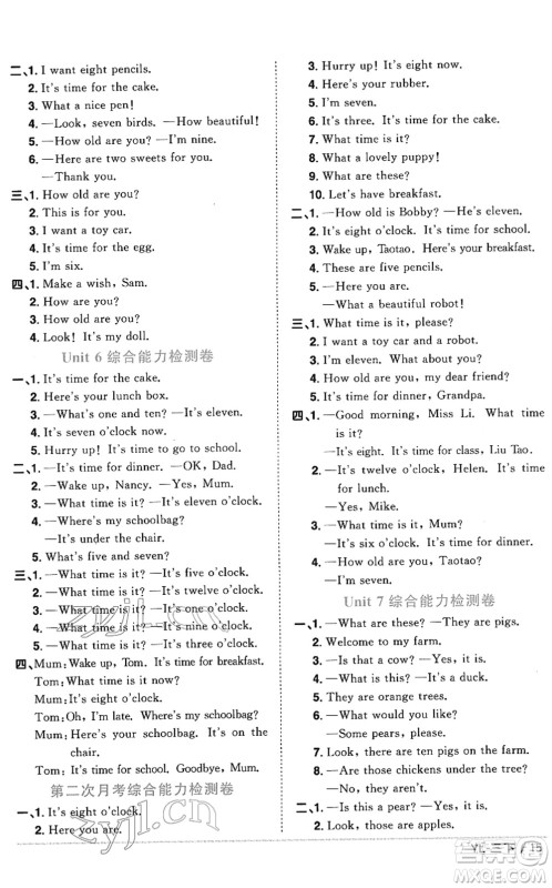 江西教育出版社2022阳光同学课时优化作业三年级英语下册YL译林版答案