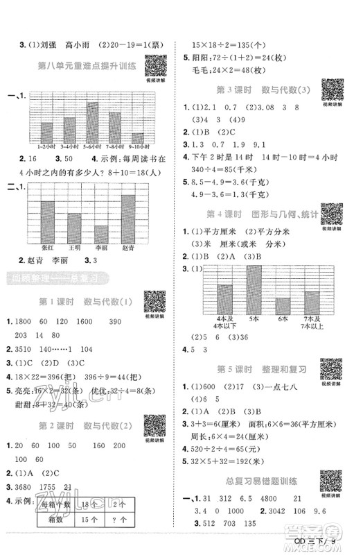 江西教育出版社2022阳光同学课时优化作业三年级数学下册QD青岛版答案