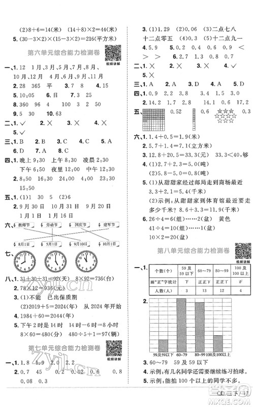 江西教育出版社2022阳光同学课时优化作业三年级数学下册QD青岛版答案