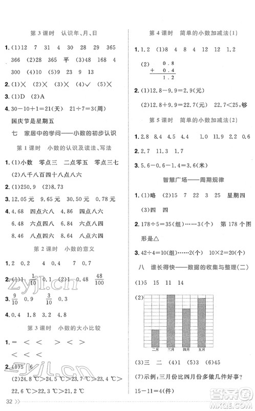 江西教育出版社2022阳光同学课时优化作业三年级数学下册QD青岛版答案