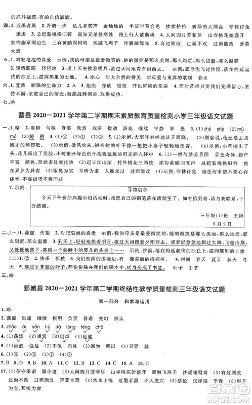 江西教育出版社2022阳光同学课时优化作业三年级语文下册RJ人教版菏泽专版答案