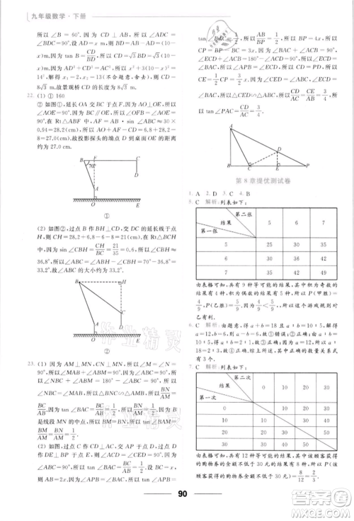 云南美术出版社2022亮点给力提优课时作业本九年级数学下册苏科版参考答案