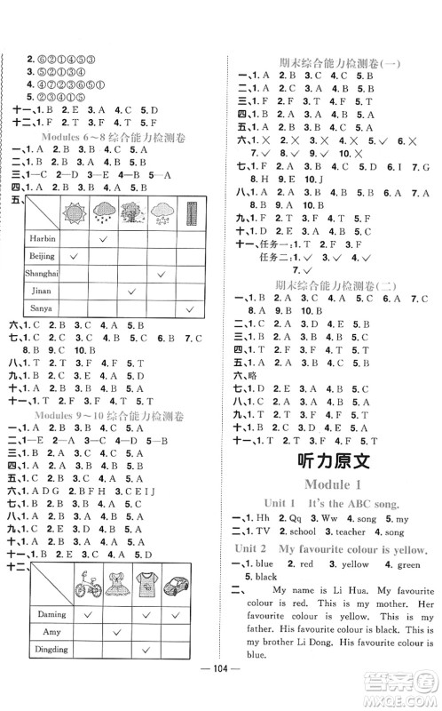 江西教育出版社2022阳光同学课时优化作业三年级英语下册外研版答案
