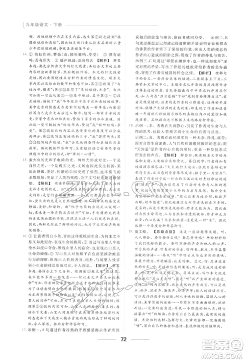 云南美术出版社2022亮点给力提优课时作业本九年级语文下册人教版参考答案