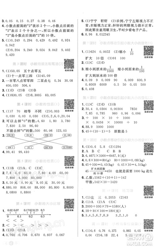 江西教育出版社2022阳光同学课时优化作业四年级数学下册RJ人教版答案