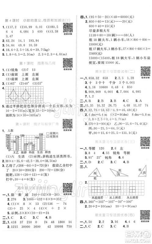 江西教育出版社2022阳光同学课时优化作业四年级数学下册RJ人教版答案