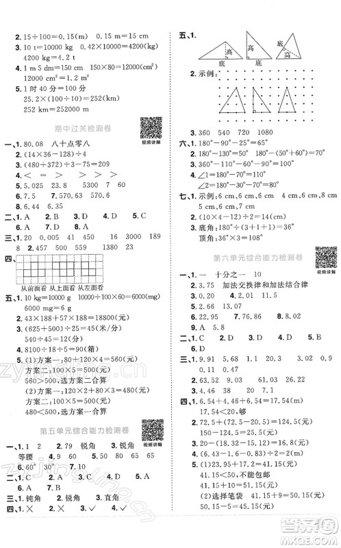 江西教育出版社2022阳光同学课时优化作业四年级数学下册RJ人教版答案