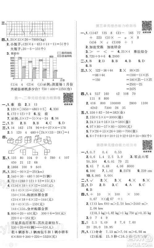 江西教育出版社2022阳光同学课时优化作业四年级数学下册RJ人教版答案