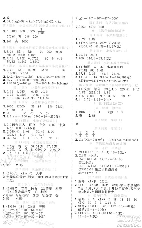 江西教育出版社2022阳光同学课时优化作业四年级数学下册RJ人教版答案