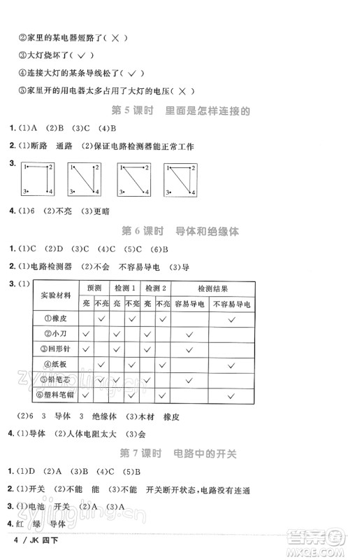 江西教育出版社2022阳光同学课时优化作业四年级科学下册JK教科版答案