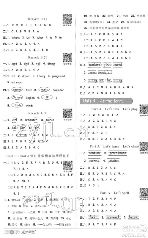 江西教育出版社2022阳光同学课时优化作业四年级英语下册PEP版答案