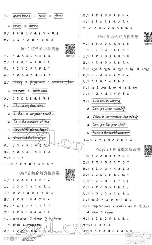 江西教育出版社2022阳光同学课时优化作业四年级英语下册PEP版答案