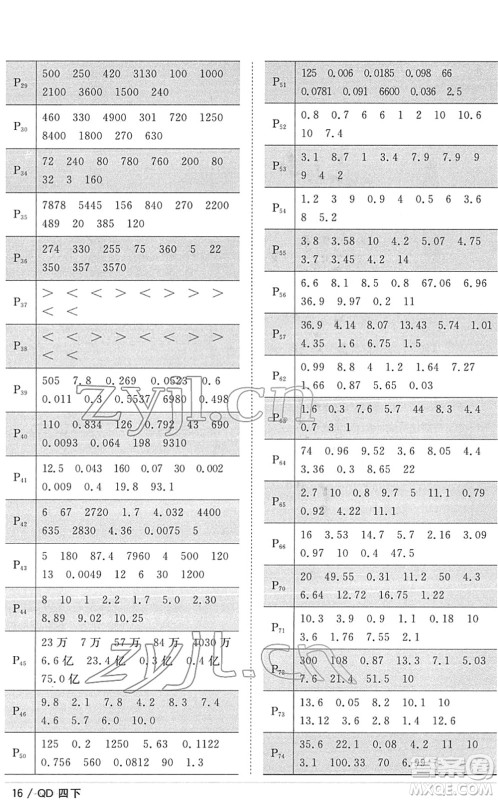 江西教育出版社2022阳光同学课时优化作业四年级数学下册QD青岛版答案