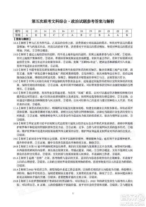 皖江名校2022届高三第五次联考文科综合试题及答案 皖江名校2022届高三第五次联考文科综合试题及答案