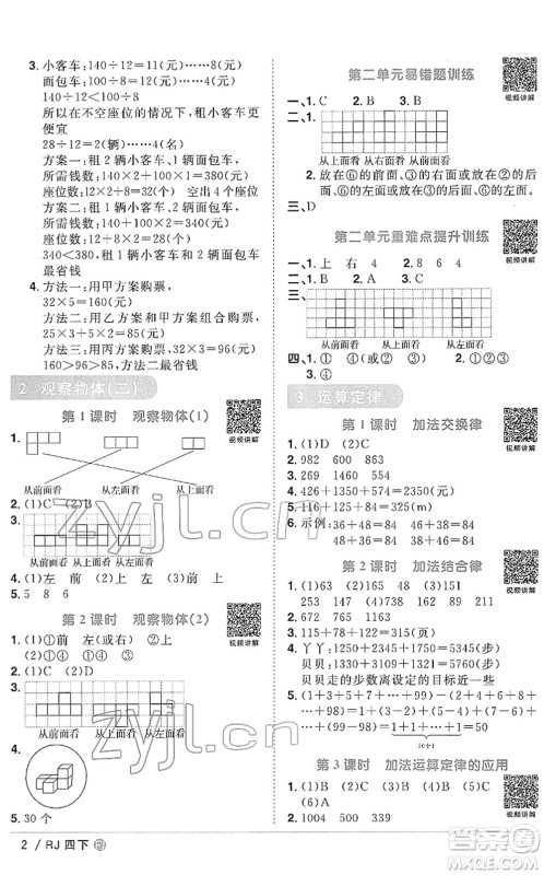 福建少年儿童出版社2022阳光同学课时优化作业四年级数学下册RJ人教版福建专版答案