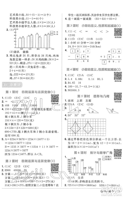 福建少年儿童出版社2022阳光同学课时优化作业四年级数学下册RJ人教版福建专版答案