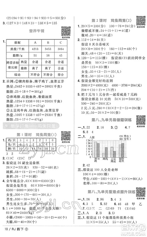 福建少年儿童出版社2022阳光同学课时优化作业四年级数学下册RJ人教版福建专版答案