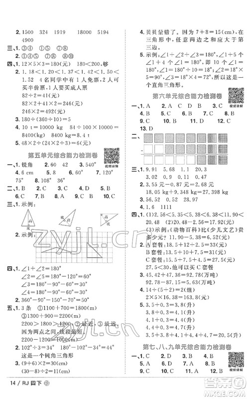 福建少年儿童出版社2022阳光同学课时优化作业四年级数学下册RJ人教版福建专版答案