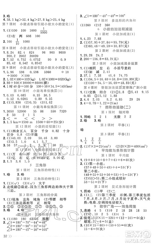 福建少年儿童出版社2022阳光同学课时优化作业四年级数学下册RJ人教版福建专版答案