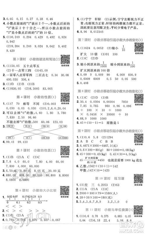 江西教育出版社2022阳光同学课时优化作业四年级数学下册RJ人教版菏泽专版答案