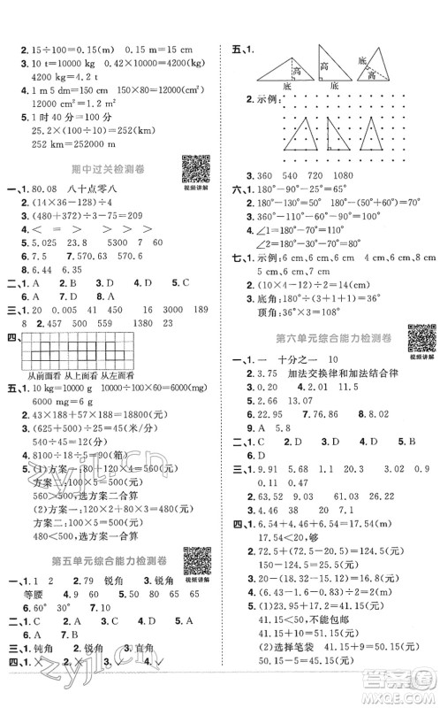 江西教育出版社2022阳光同学课时优化作业四年级数学下册RJ人教版菏泽专版答案