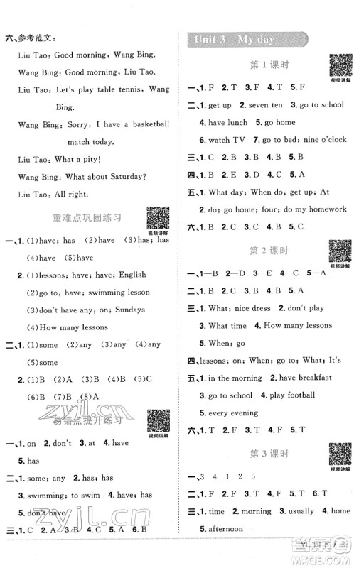 江西教育出版社2022阳光同学课时优化作业四年级英语下册YL译林版答案