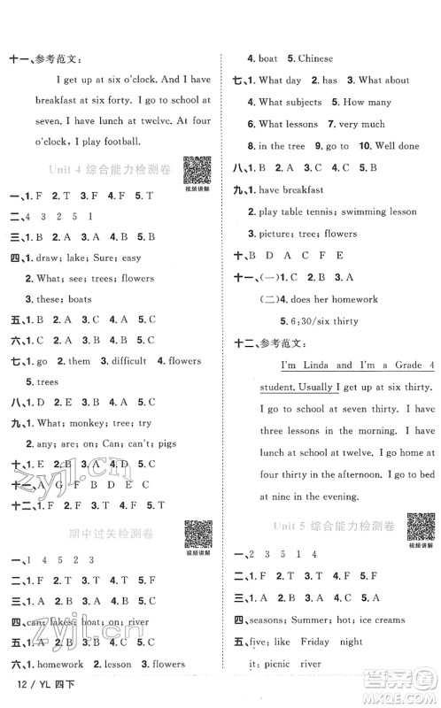 江西教育出版社2022阳光同学课时优化作业四年级英语下册YL译林版答案