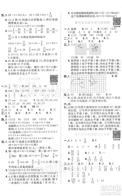江西教育出版社2022阳光同学课时优化作业五年级数学下册RJ人教版答案