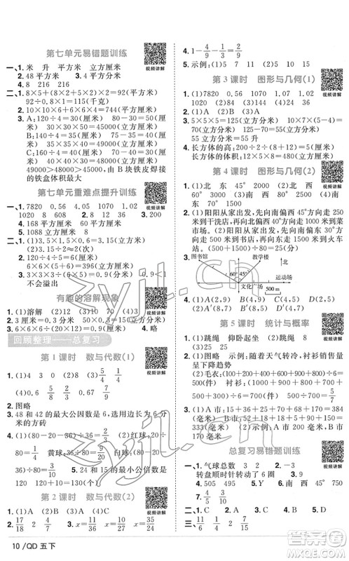 江西教育出版社2022阳光同学课时优化作业五年级数学下册QD青岛版答案