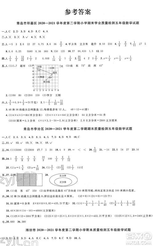 江西教育出版社2022阳光同学课时优化作业五年级数学下册QD青岛版答案