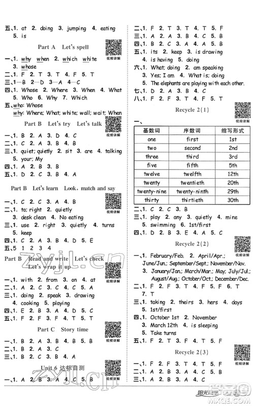 江西教育出版社2022阳光同学课时优化作业五年级英语下册PEP版答案