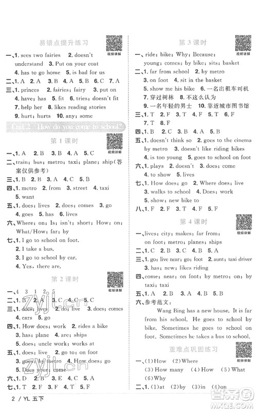 江西教育出版社2022阳光同学课时优化作业五年级英语下册YL译林版答案