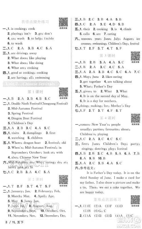 江西教育出版社2022阳光同学课时优化作业五年级英语下册YL译林版答案