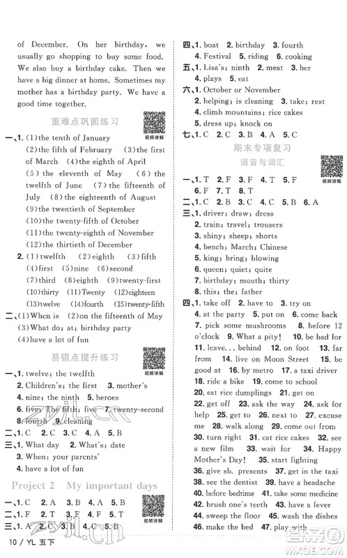 江西教育出版社2022阳光同学课时优化作业五年级英语下册YL译林版答案