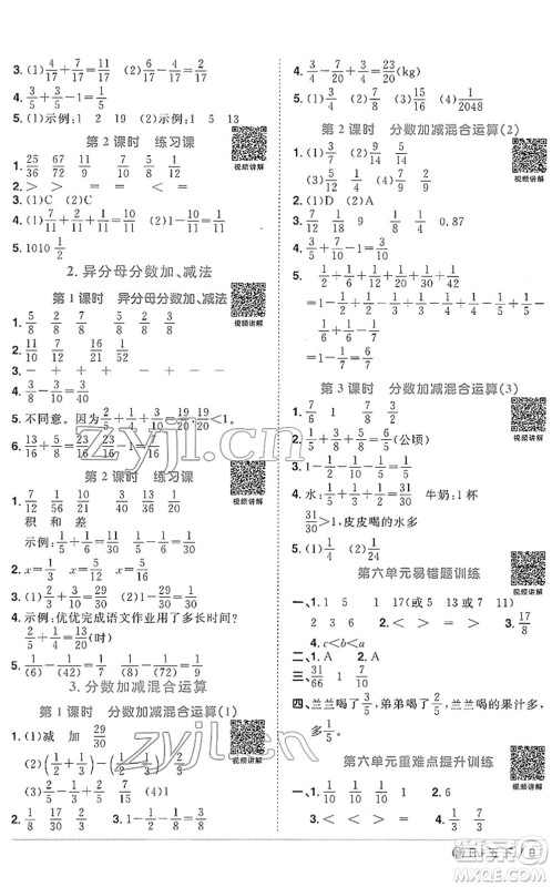 福建少年儿童出版社2022阳光同学课时优化作业五年级数学下册RJ人教版福建专版答案