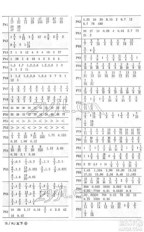 福建少年儿童出版社2022阳光同学课时优化作业五年级数学下册RJ人教版福建专版答案