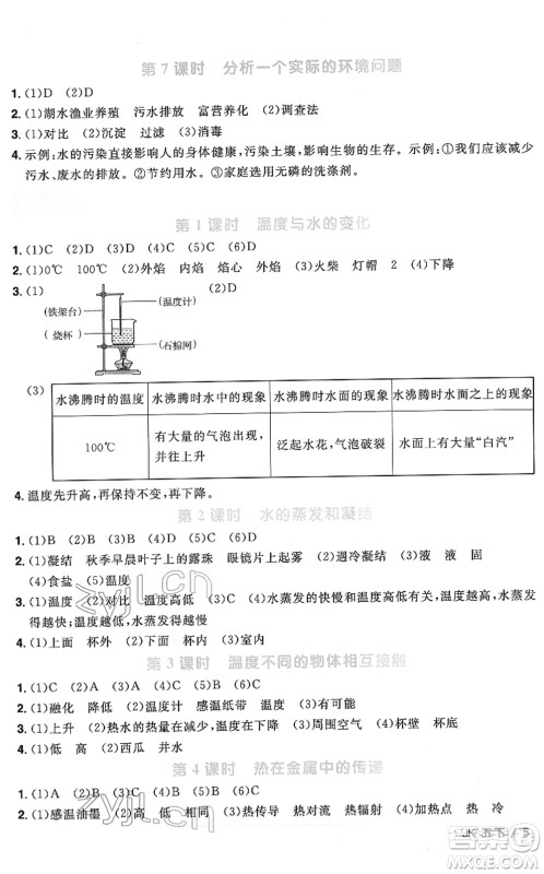 江西教育出版社2022阳光同学课时优化作业五年级科学下册JK教科版答案
