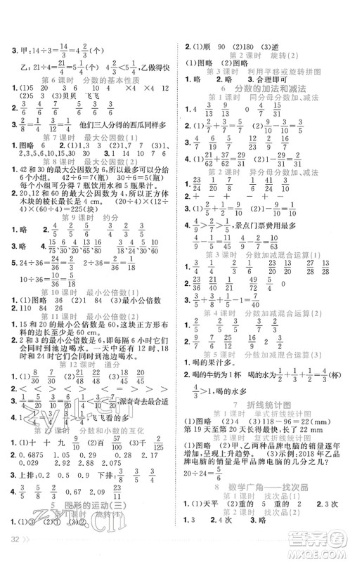 江西教育出版社2022阳光同学课时优化作业五年级数学下册RJ人教版菏泽专版答案